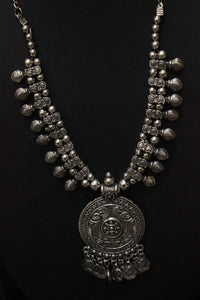 Oxidised Silver Finish Metal Necklace with Stamped Coins