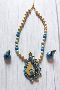 Shades of Blue & Golden Handcrafted Terracotta Clay Necklace Set