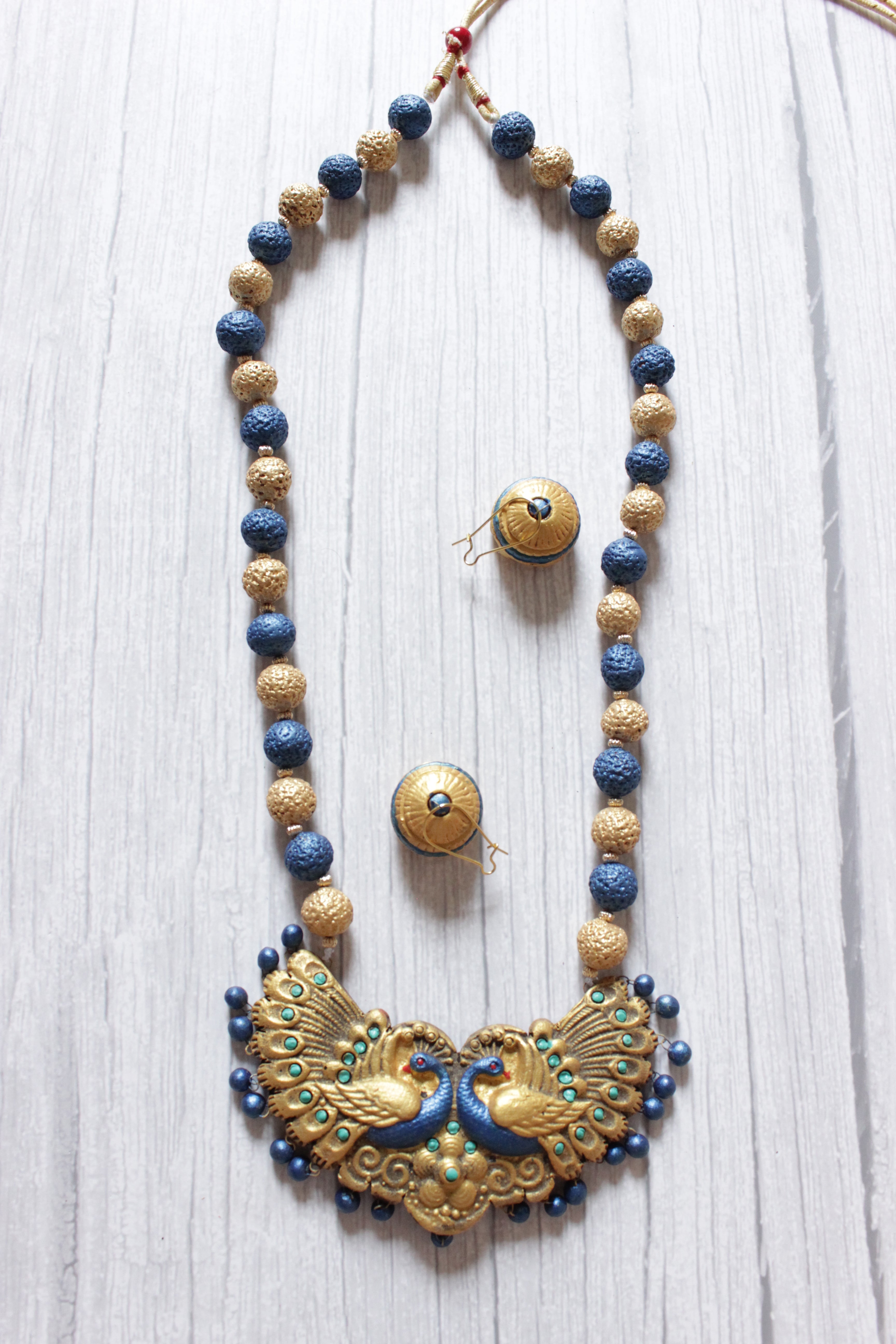Handcrafted Peacock Motif Terracotta Clay Necklace Set