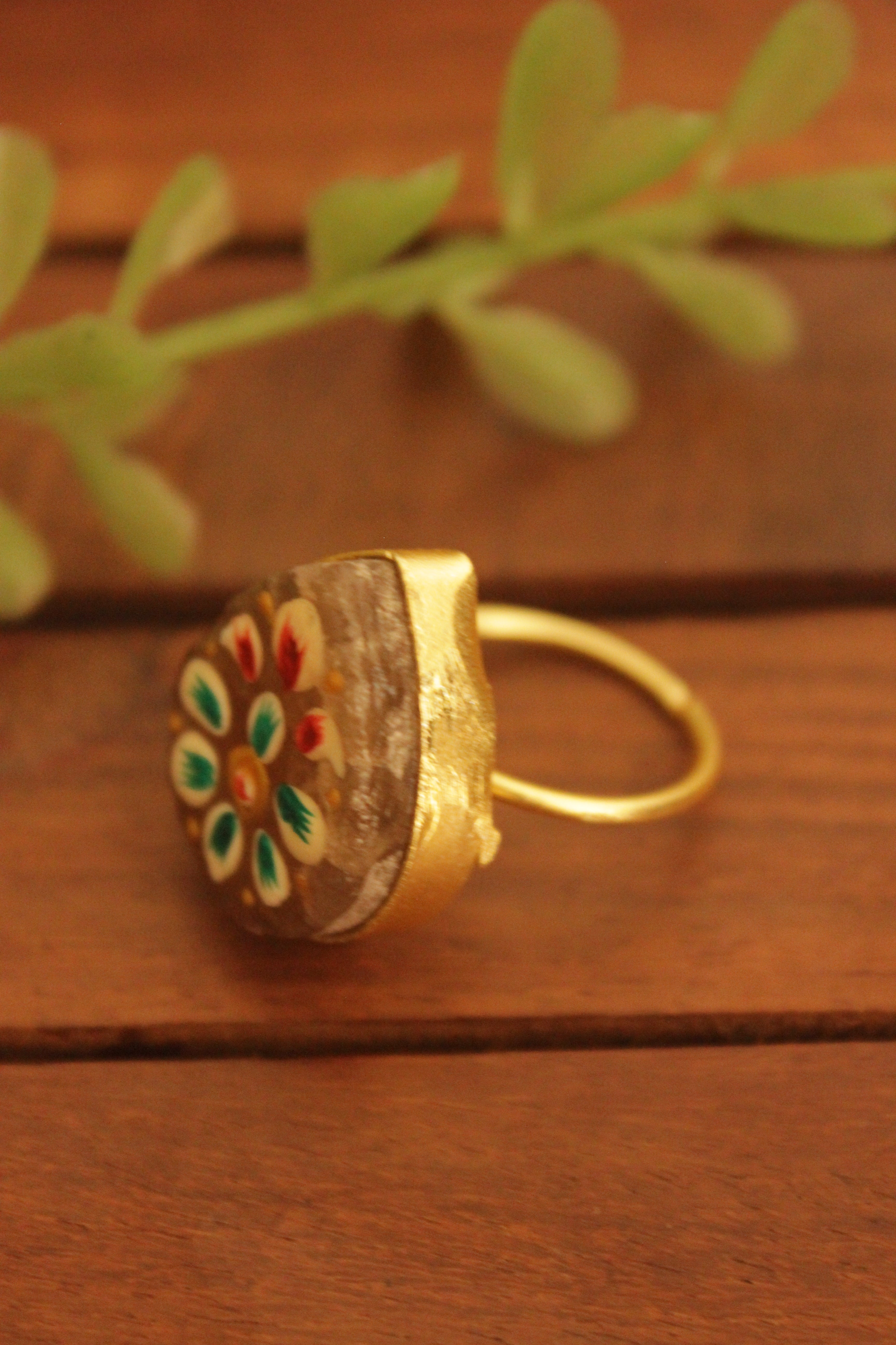 Enamel Hand Painted Flowers Mud Brown Gold Toned Handmade Brass Adjustable Teardrop Ring