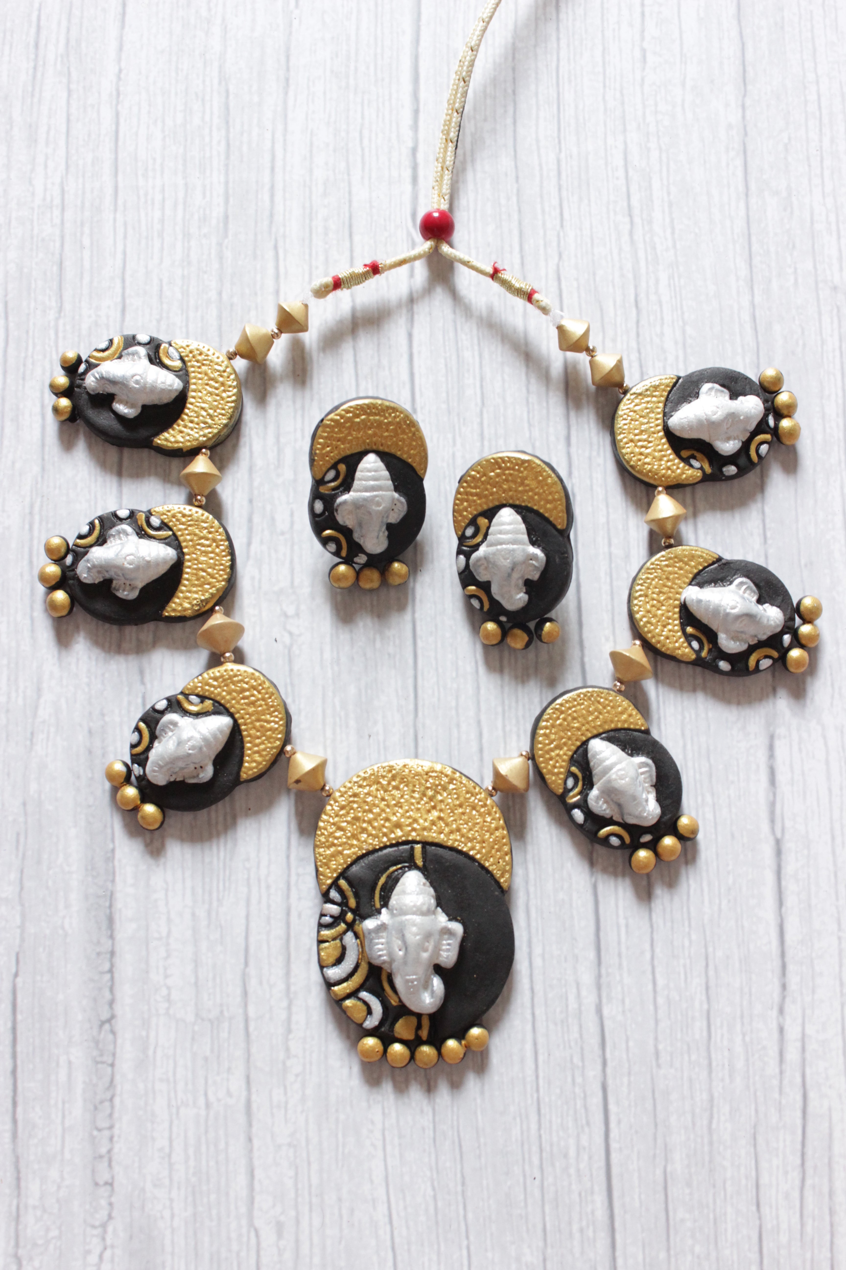 Black & Golden Ganesha Motif Handcrafted Choker Style Terracotta Clay Necklace Set