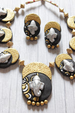 Load image into Gallery viewer, Black &amp; Golden Ganesha Motif Handcrafted Choker Style Terracotta Clay Necklace Set
