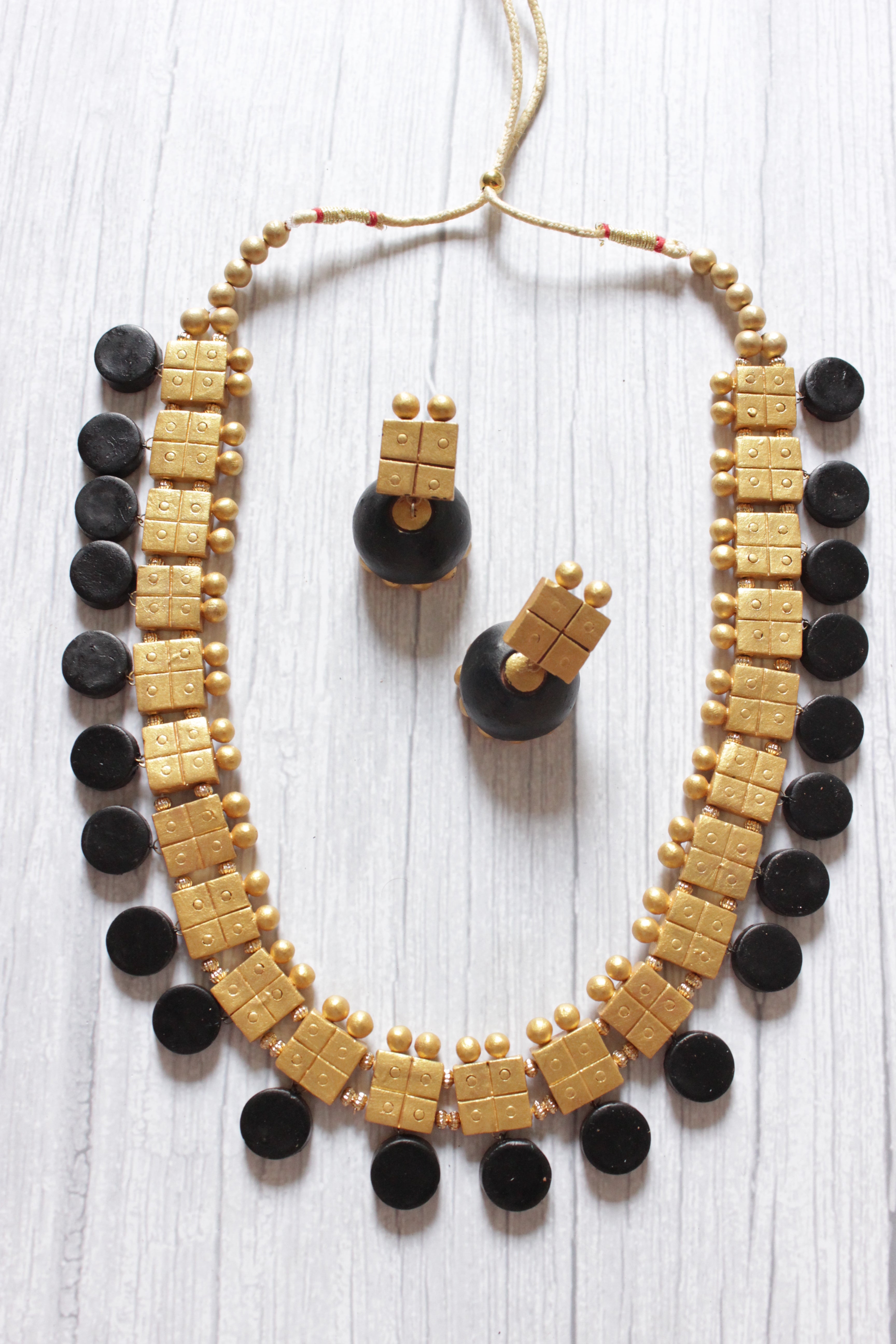 Black & Golden Geometric Shapes Choker Style Terracotta Clay Necklace Set