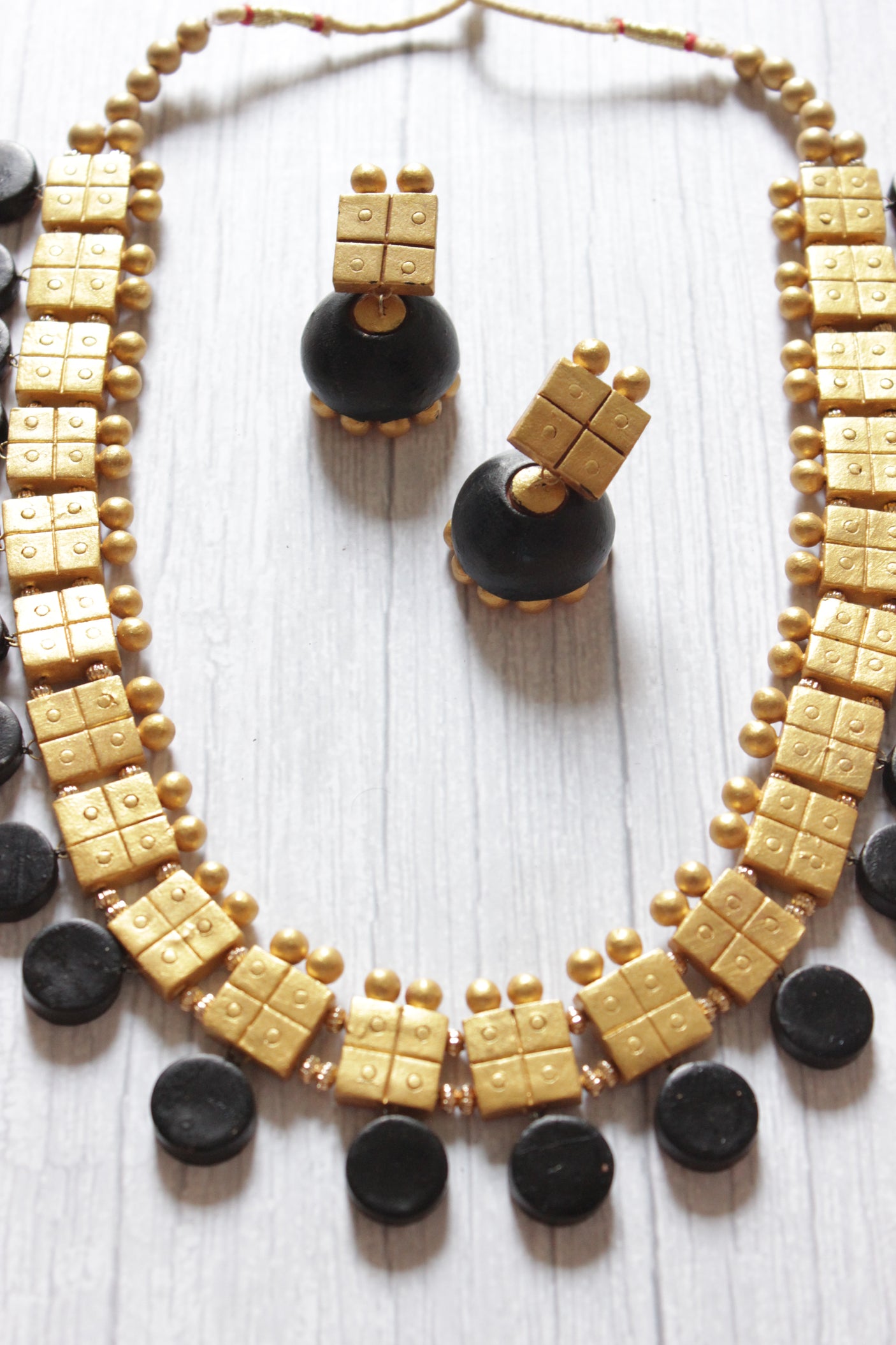 Black & Golden Geometric Shapes Choker Style Terracotta Clay Necklace Set