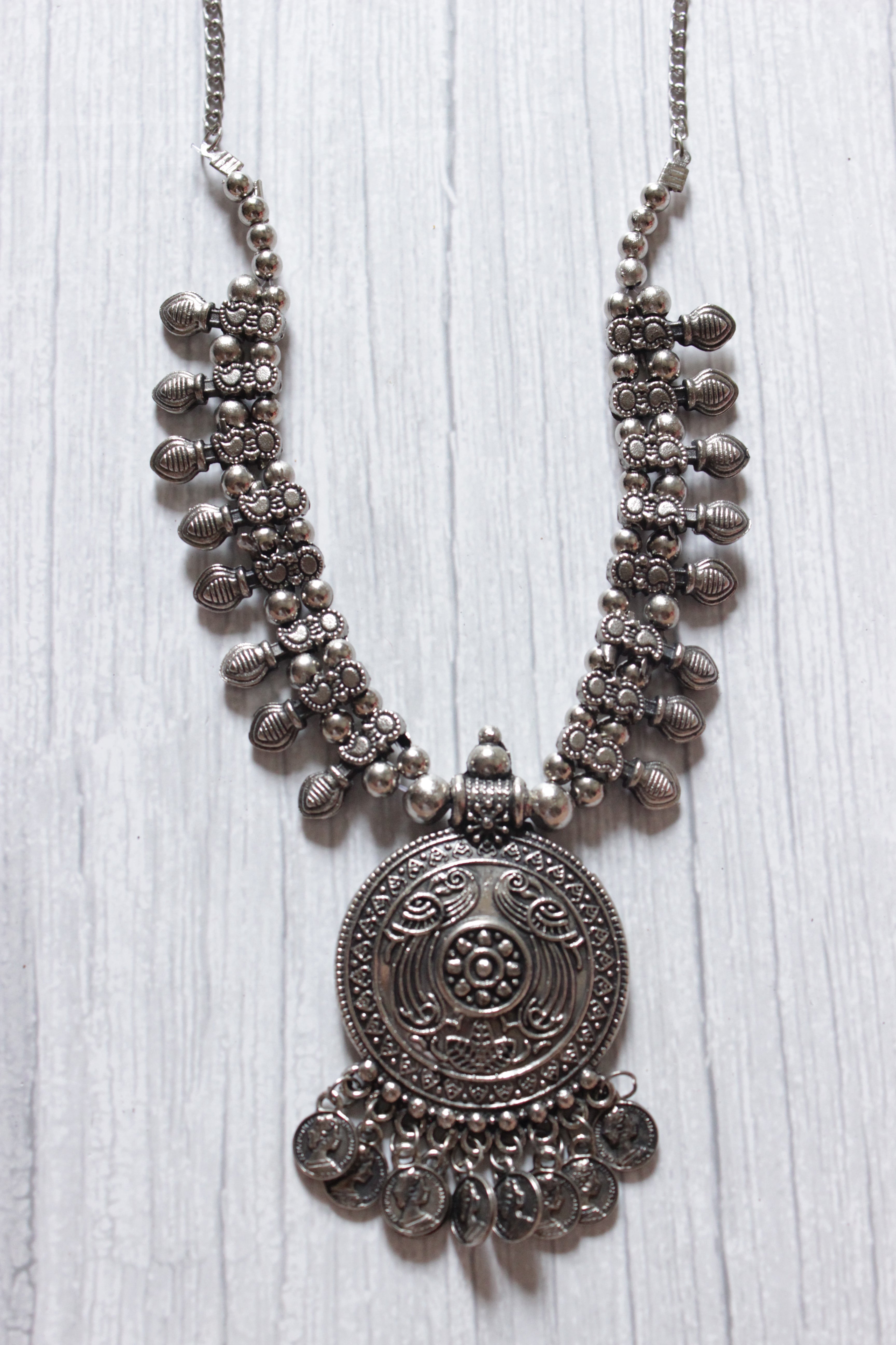 Oxidised Silver Finish Metal Necklace with Stamped Coins