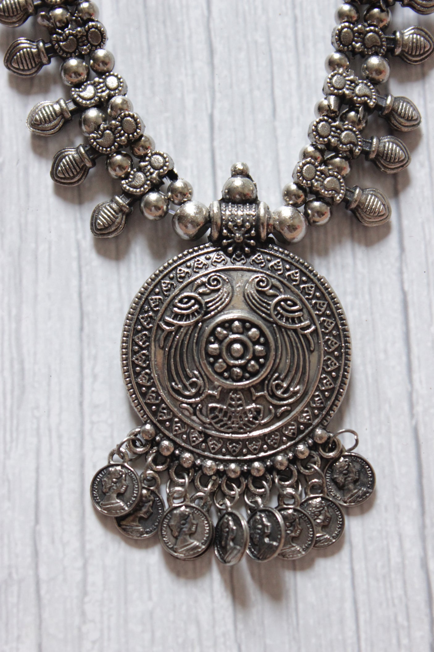 Oxidised Silver Finish Metal Necklace with Stamped Coins