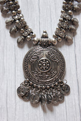 Oxidised Silver Finish Metal Necklace with Stamped Coins