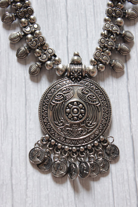 Oxidised Silver Finish Metal Necklace with Stamped Coins