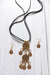 Antique Gold Finish 2 Layer Pendant Rope Closure Handcrafted Necklace Set