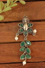 Load image into Gallery viewer, Peacock Motif Oxidised Finish Dangler Earrings Embedded with Green Stones
