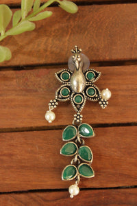 Peacock Motif Oxidised Finish Dangler Earrings Embedded with Green Stones