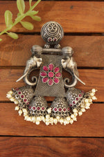 Load image into Gallery viewer, Pink Stones Embellished Oxidised Finish Elephant Motif Elaborate Statement Earrings
