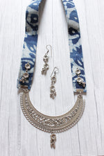 Load image into Gallery viewer, Crescent Moon Shaped Statement Pendant Collar Necklace with Indigo Fabric
