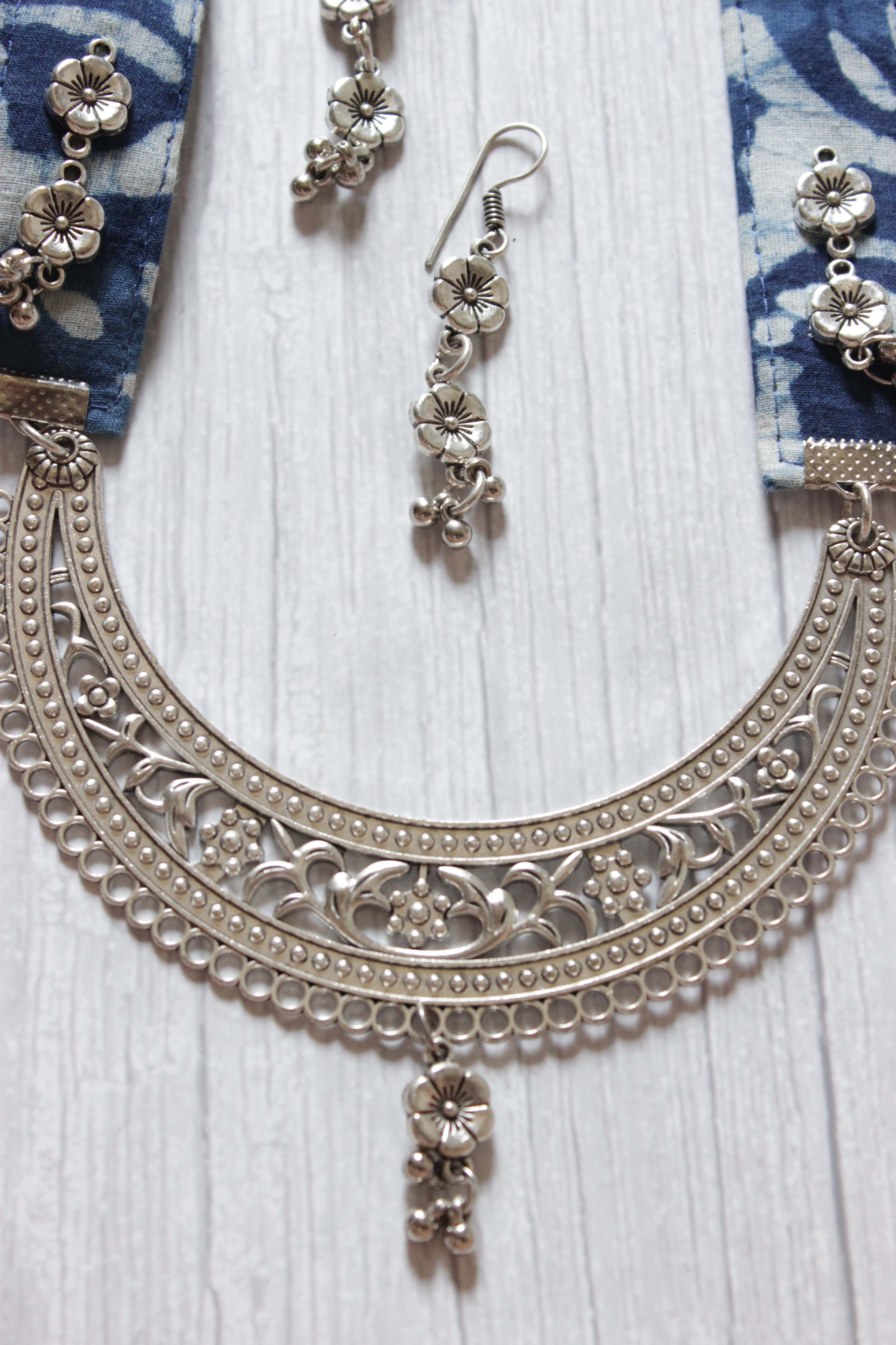 Crescent Moon Shaped Statement Pendant Collar Necklace with Indigo Fabric