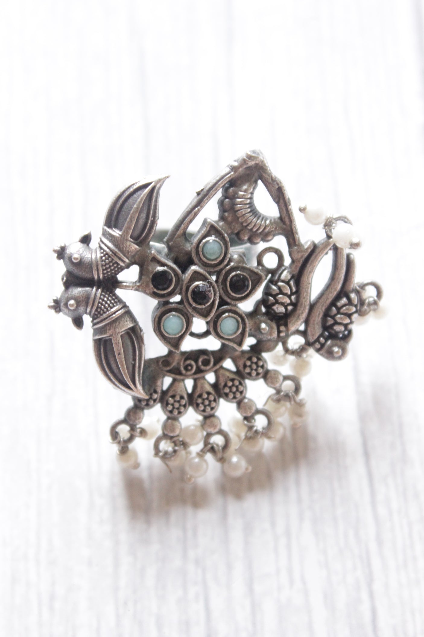 Peacock Motif Oxidised Silver Finish Statement Adjustable Cocktail Ring