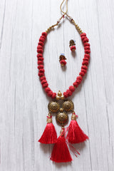 Antique Gold Finish Choker Necklace Set with Fabric Beads Closure and Pom Pom Ends