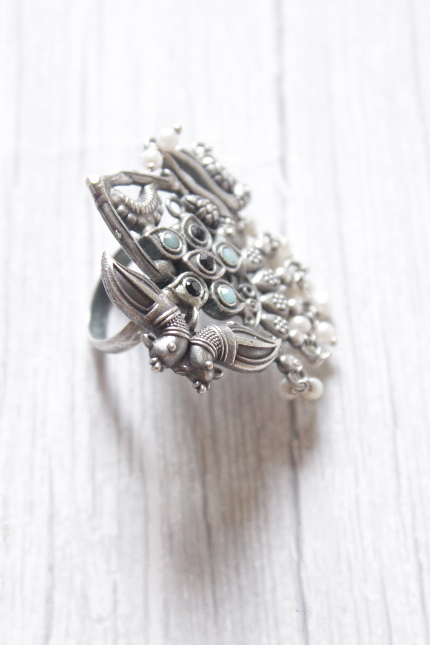 Peacock Motif Oxidised Silver Finish Statement Adjustable Cocktail Ring