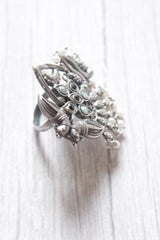Peacock Motif Oxidised Silver Finish Statement Adjustable Cocktail Ring