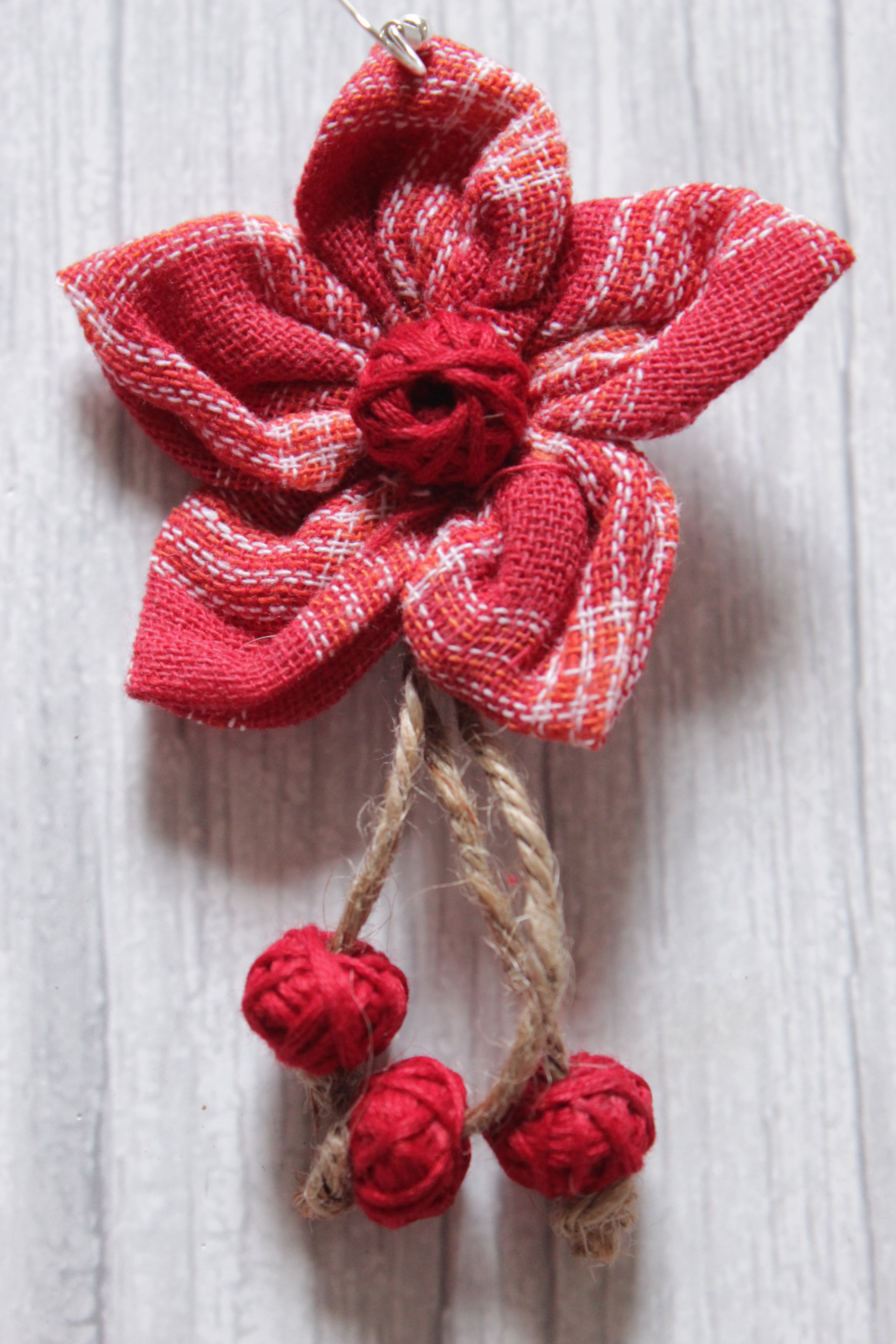 Flower Motif Handcrafted Fabric Earrings with Jute Hangings