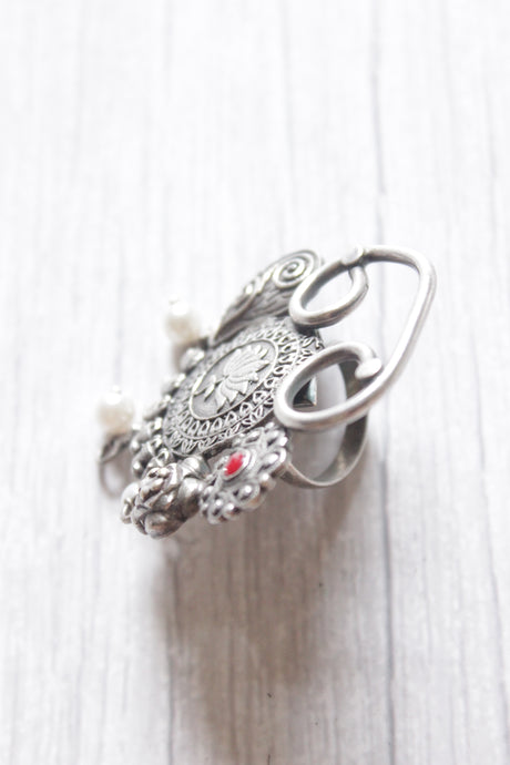 Lotus Motif Oxidised Silver Finish Statement Adjustable Cocktail Ring