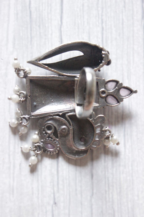 Conch and Flower Motifs Oxidised Silver Finish Statement Adjustable Cocktail Ring