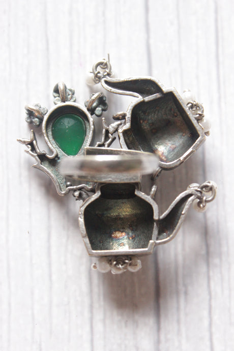 Tea Kettle Oxidised Silver Finish Statement Adjustable Cocktail Ring