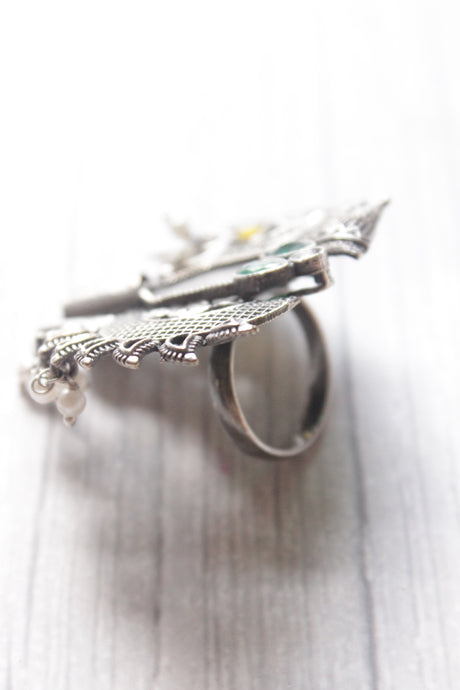 Peacock and Abstract Motifs Oxidised Silver Finish Statement Adjustable Cocktail Ring