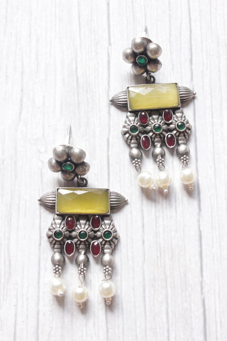 Lemon Yellow Monalisa Center Stone Metal Dangler Earrings