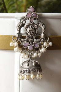 Intricately Detailed Glass Stones Embedded Brass Statement Dangler Earrings Accentuated with White Beads