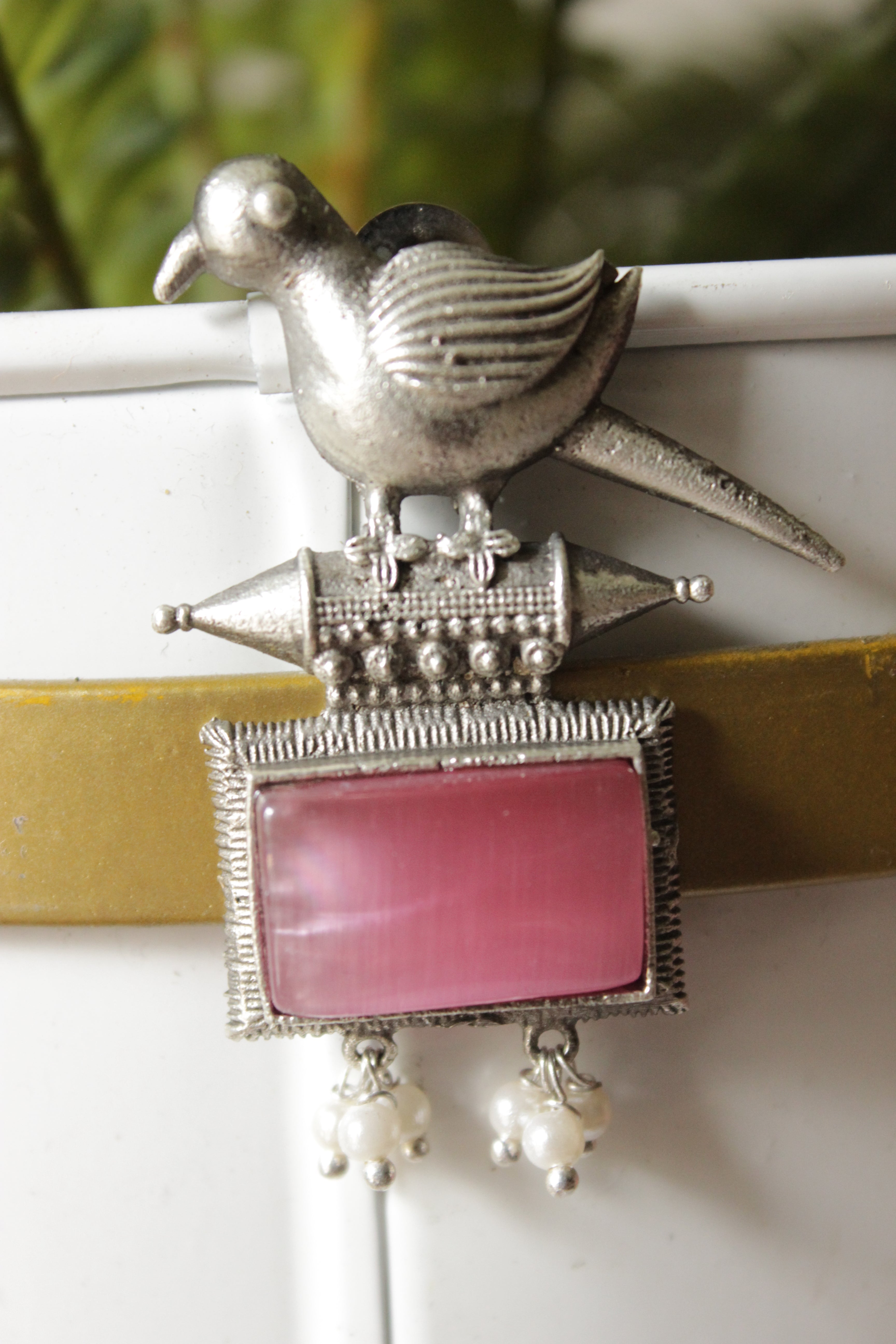 Peacock Motif Pink Glass Stone Embedded Silver Finish Brass Dangler Earrings