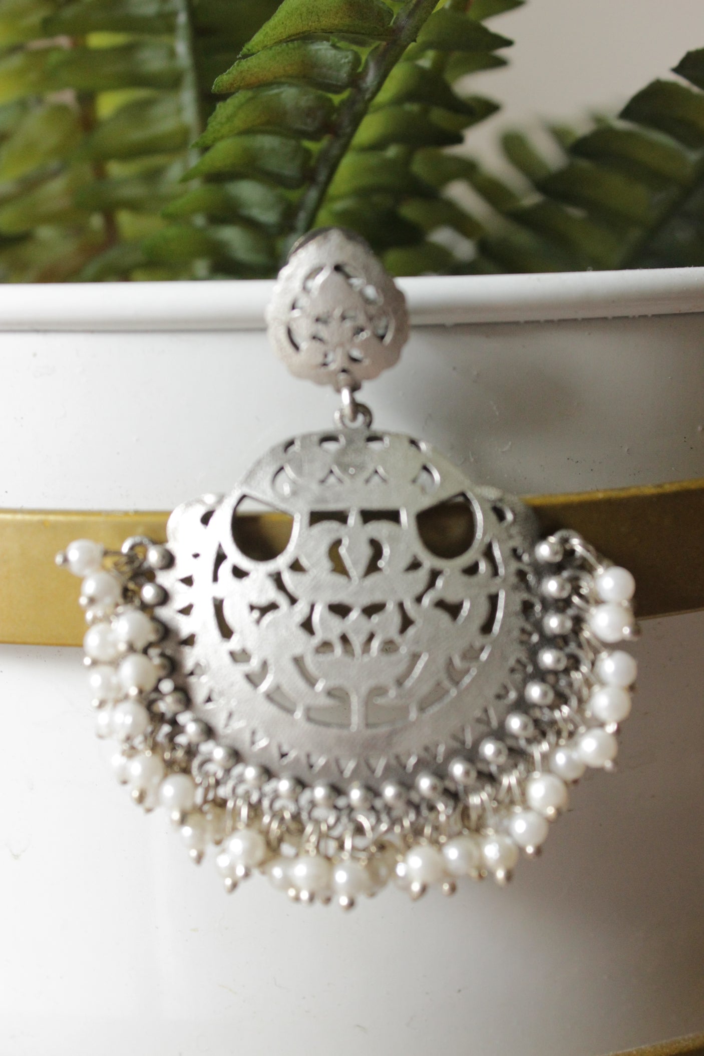 Jaali Pattern Silver Finish Brass Dangler Earrings Accentuated with White Beads