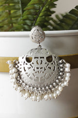 Jaali Pattern Silver Finish Brass Dangler Earrings Accentuated with White Beads