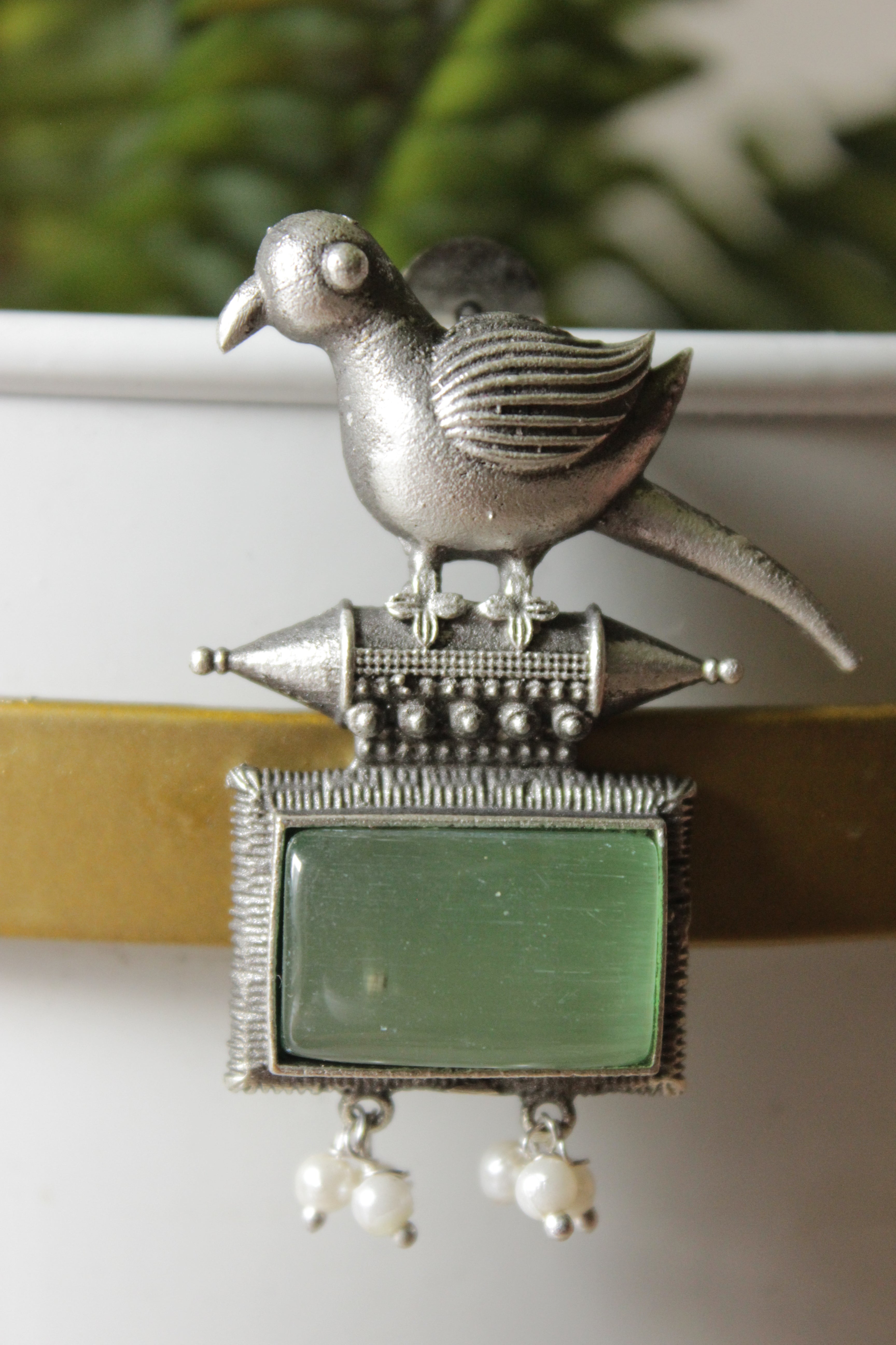 Peacock Motif Sea Green Glass Stone Embedded Silver Finish Brass Dangler Earrings