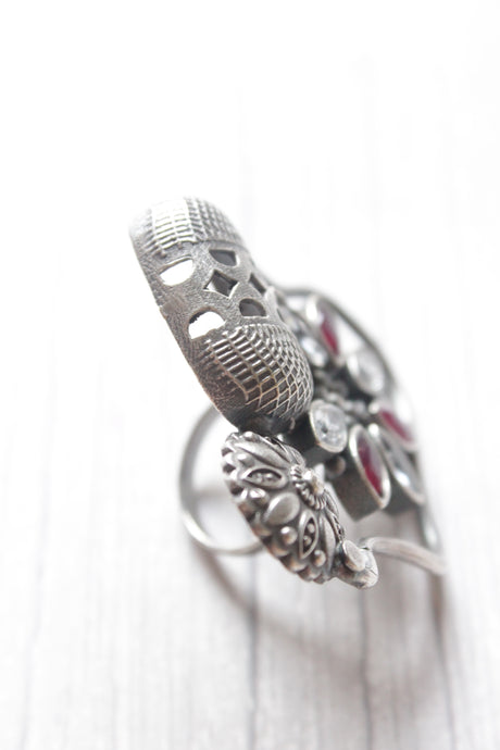 Flower Motifs Oxidised Silver Finish Statement Adjustable Cocktail Ring