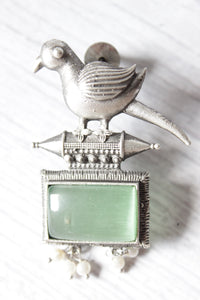 Peacock Motif Sea Green Glass Stone Embedded Silver Finish Brass Dangler Earrings