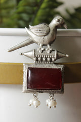 Peacock Motif Ruby Red Glass Stone Embedded Silver Finish Brass Dangler Earrings