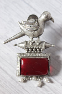 Peacock Motif Ruby Red Glass Stone Embedded Silver Finish Brass Dangler Earrings