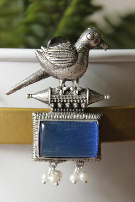 Peacock Motif Royal Blue Glass Stone Embedded Silver Finish Brass Dangler Earrings