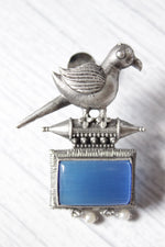 Load image into Gallery viewer, Peacock Motif Royal Blue Glass Stone Embedded Silver Finish Brass Dangler Earrings
