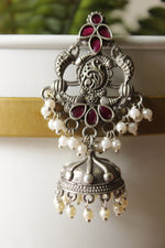 Load image into Gallery viewer, Intricately Detailed Red Glass Stones Embedded Brass Statement Dangler Earrings Accentuated with White Beads
