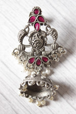 Load image into Gallery viewer, Intricately Detailed Red Glass Stones Embedded Brass Statement Dangler Earrings Accentuated with White Beads
