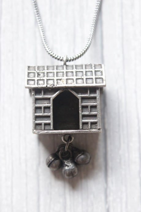 Oxidised Silver House Motif Pendant Long Silver Chain Necklace