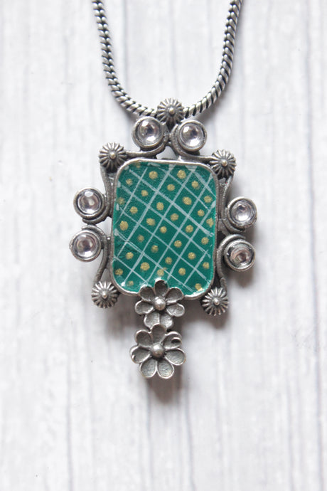 Hand Painted Turquoise Metal Pendant Oxidised Finish Long Silver Chain Necklace