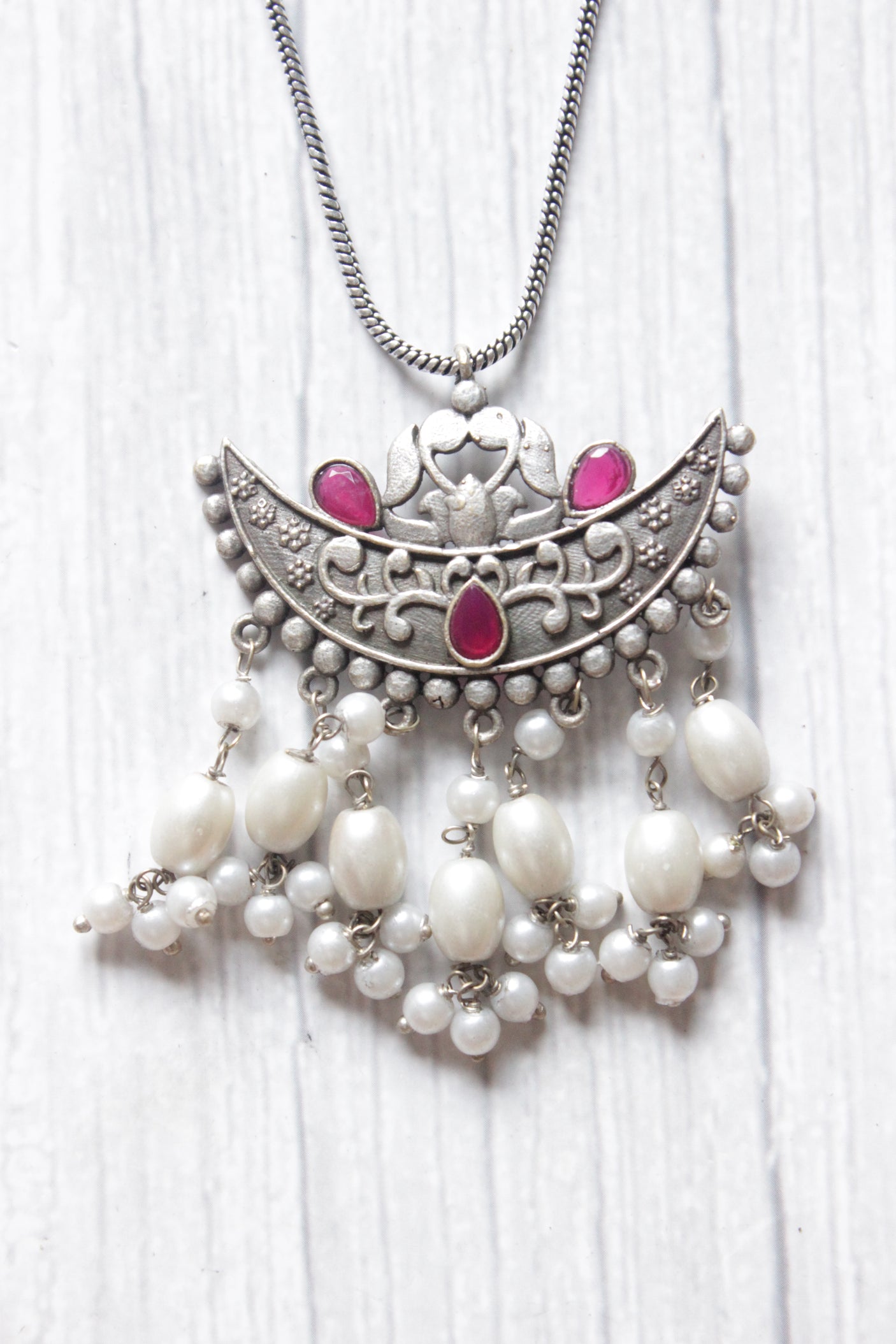 Crescent Moon Shaped Pendant Long Silver Chain Necklace