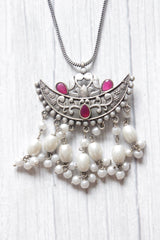 Crescent Moon Shaped Pendant Long Silver Chain Necklace