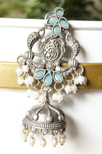 Load image into Gallery viewer, Intricately Detailed Turquoise Glass Stones Embedded Brass Statement Dangler Earrings Accentuated with White Beads
