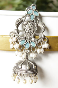 Intricately Detailed Turquoise Glass Stones Embedded Brass Statement Dangler Earrings Accentuated with White Beads