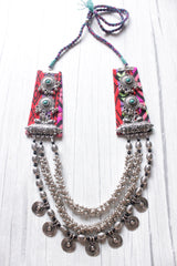 Oxidised Silver Finish Metal and Fabric 3 Layer Necklace with Adjustable Thread Closure