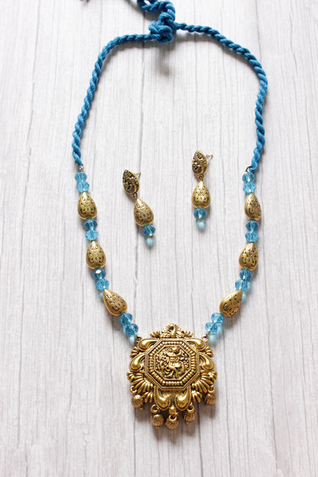 Turquoise Jade Beads Rope Closure Antique Gold Finish Pendant Necklace Set