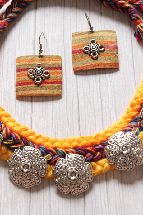 Hand Braided Multi-Color Threads Silver Finish Metal Charms Choker Necklace Set